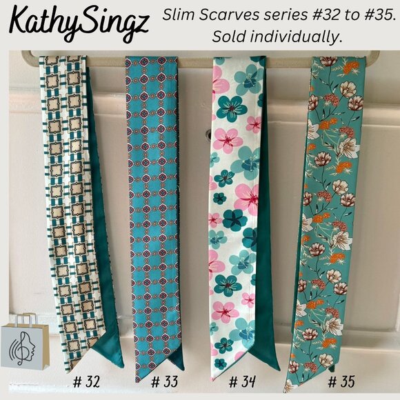 Slim Scarf 34in Teal Geometric Print Double Sided Neck Head Hair Bag Wrap  No32 - Picture 7 of 9